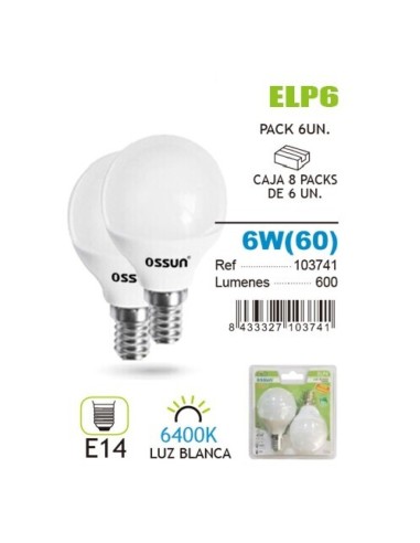 BOMBILLA 2UND 6W E14 6400K LED ESFERICA BRICO