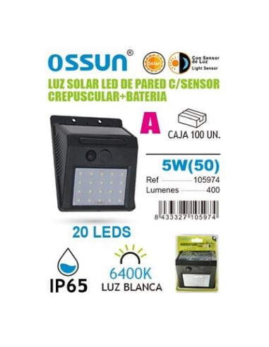 LAMPARA 5W 6400K SOLAR CON SENSOR C/BATERIA