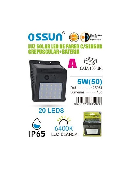 LAMPARA 5W 6400K SOLAR CON SENSOR C/BATERIA