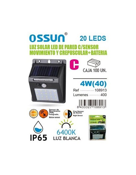 LAMPARA 4W 6400K SOLAR CON SENSOR C/BATERIA