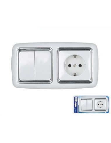 ENCHUFE + INTERRUPTOR DOBLE COMBINADA BLANCO Y CROMO