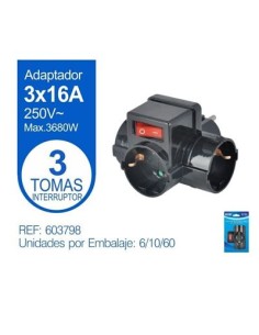 ADAPTADOR 3 VIAS 16A CON INTERRUPTOR NEGRO