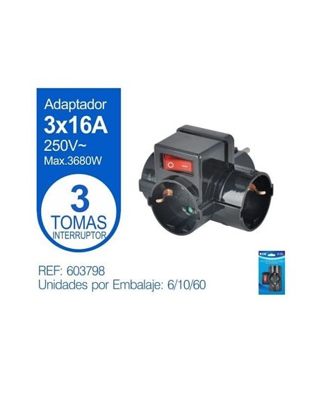 ADAPTADOR 3 VIAS 16A CON INTERRUPTOR NEGRO