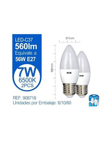 BOMBILLA 2UND 7W E27 6500K LED VELA
