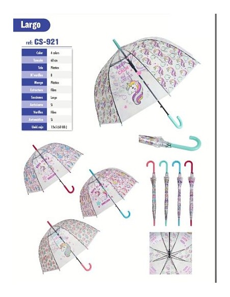 PARAGUAS CS-921 Y CS-922 TRANSPARENTE UNICORNIO