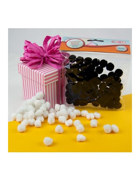 POMPONES BLANCOS Y NEGROS 15MM 60UD