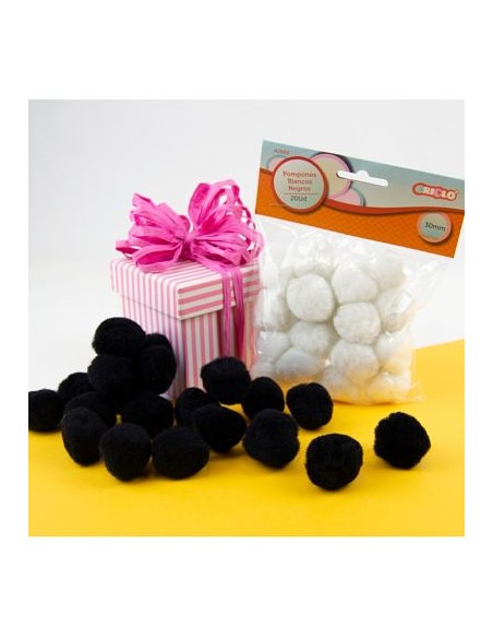 POMPONES BLANCOS Y NEGROS 30MM 20UD