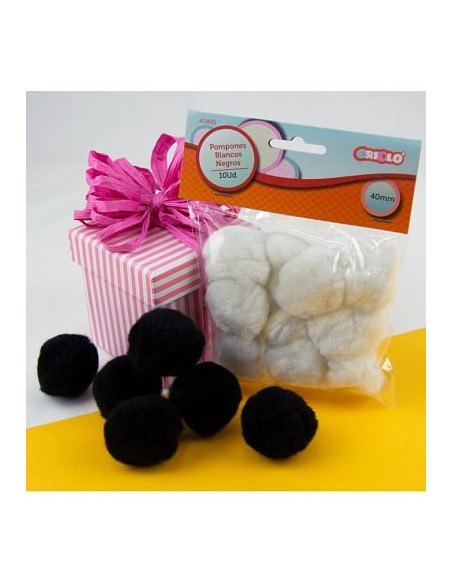 POMPONES BALNCOS Y NEGROS 40MM 10UD