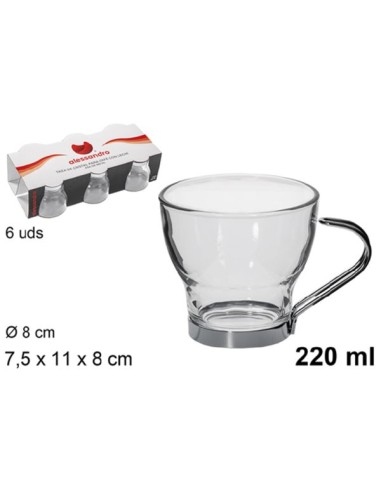 VASO 220ML 6UND CRISTAL  CAFE ASA METAL