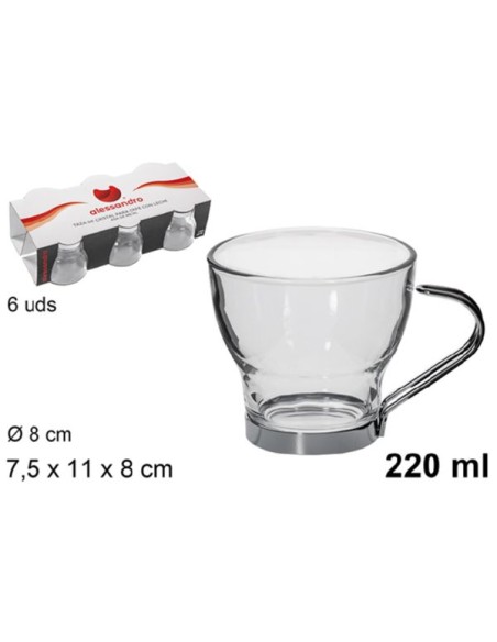 VASO 220ML 6UND CRISTAL  CAFE ASA METAL