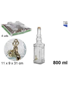 BOTELLA CRISTAL CUADRADA NATURAL CON GRIFO TAPÓN CORCHO 800