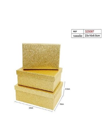 SET 3 CAJAS REGALO 23X16X9.5CM PURPURINA DORADA