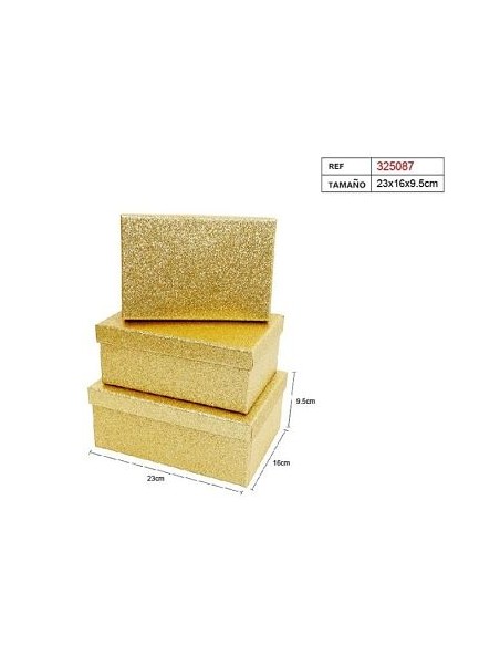 SET 3 CAJAS REGALO 23X16X9.5CM PURPURINA DORADA