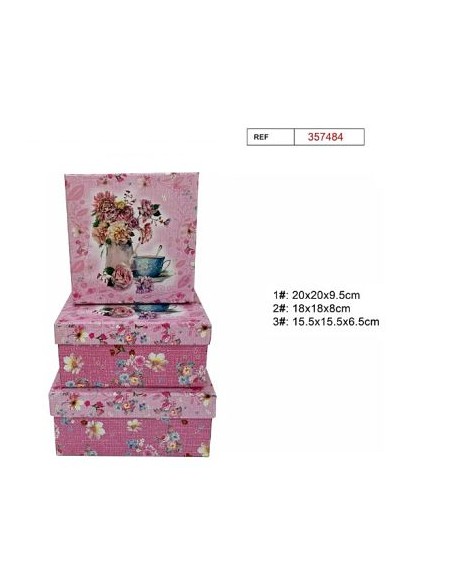 SET 3 CAJAS REGALO 20X20X9.5CM FLOR ROSA