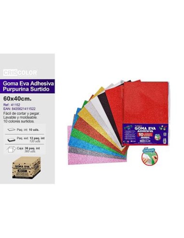 GOMA EVA SURTIDA ADHESIVA PURPURINA 40X60CM 10 COLORES