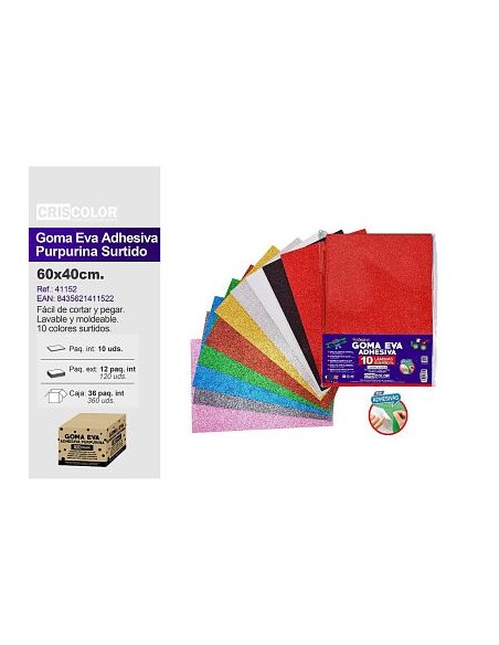 GOMA EVA SURTIDA ADHESIVA PURPURINA 40X60CM 10 COLORES