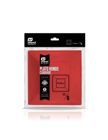 PLATO CUADRADO HONDO ROJO 170MM 6UD