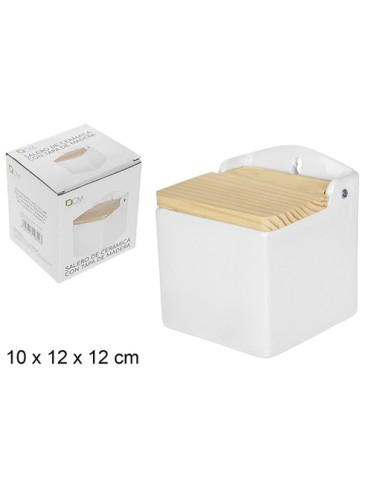 SALERO 10X12X12CM CERAMICA BLANCA CUADRADO TAPA DE MADERA