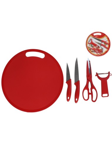 SET 4 UTENSILIOS CON TABLA DE CORTE ROJO 30CM