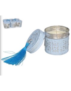 CAJA ALUMINIO REDONDA 7CM AZUL CON VELA Y BORLA