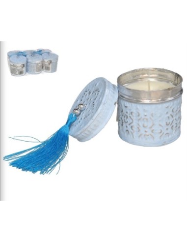 CAJA ALUMINIO REDONDA 7CM AZUL CON VELA Y BORLA