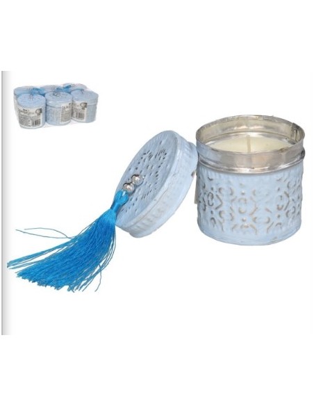 CAJA ALUMINIO REDONDA 7CM AZUL CON VELA Y BORLA