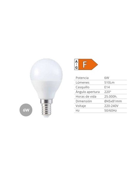 BOMBILLA LED ESFERICA 6W E14 6000K