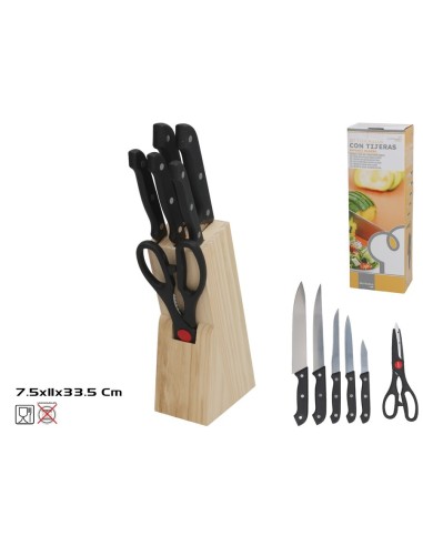 SET 7 CUCHILLOS CON TIJERAS SOPORTE MADERA 19CM