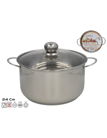 CACEROLA 24CM ACERO CON TAPA DE VIDRIO EBRO