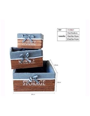 SET 3 CAJAS MADERA MARRON 23X23X11CM