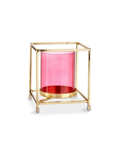 BASE VELA CRISTAL CUAD ROSA METAL ORO P
