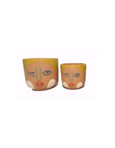 SET 2 MACETEROS DISEÑO CARA BARRO GUIÑO 14x13cm / d11x10cm