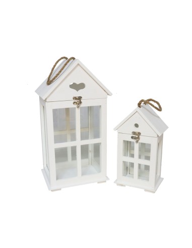 SET 2 FAROLES MADERA GRA:21X15,5X38,5CM PEQ:14,5X9