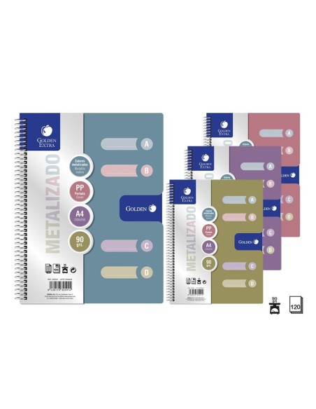 GOLDEN CUADERNO T.P.METALLIC A4 120 H.90 GRS 4 SEP. CUAD