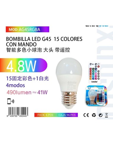 BOMBILLA LED G45 E27 4.8W 490LM RGB 15 COLORES+6500K C/MANDO