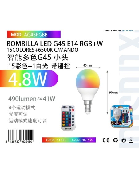 BOMBILLA LED G45 E14 RGB 4.8W 490LM 15 COLORES+6500K C/MANDO