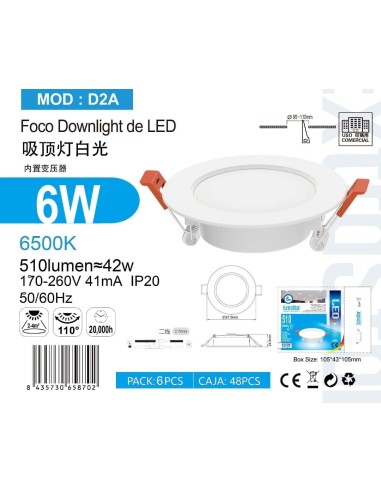  FOCO DOWNLIGHT 6W 480LM 6500K D97.5*24.5MM B:75-90MM