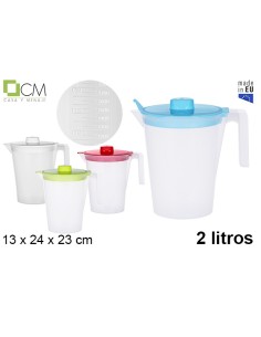 JARRA DE PLÁSTICO MEDIDORA CON TAPA COLORES SURTIDOS 2 L.