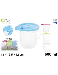 JARRA DE PLÁSTICO MEDIDORA CON TAPA COLORES SURTIDOS 600 ML