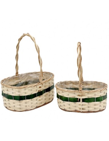 CESTAS OVALADAS MIMBRE NATURAL FRANJA VERDE S/2 ASA