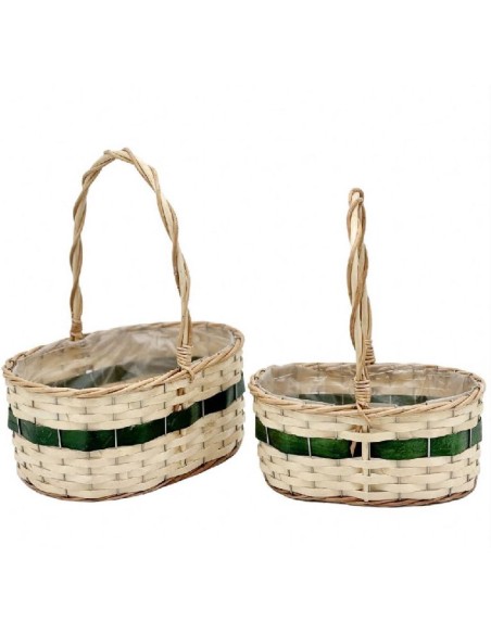 CESTAS OVALADAS MIMBRE NATURAL FRANJA VERDE S/2 ASA