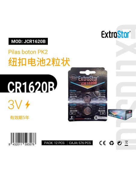 PILAS BOTON(EXTRASTAR) CR1620 3V PK2 EX:12 CJ576