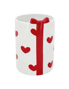MACETERO ALTO CERÁMICA BLANCA CORAZONES ROJOS D.12H17