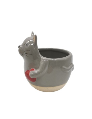 MACETERO CERAMICA GRIS GATITO CORAZÓN 10X8 H10