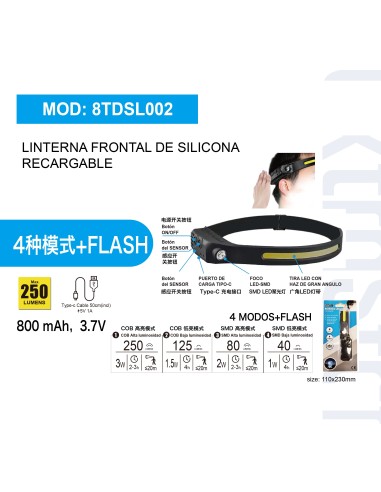 LINTERNA FRONTAL DE SILICONA RECARGABLE 4 MODOS+FLASH