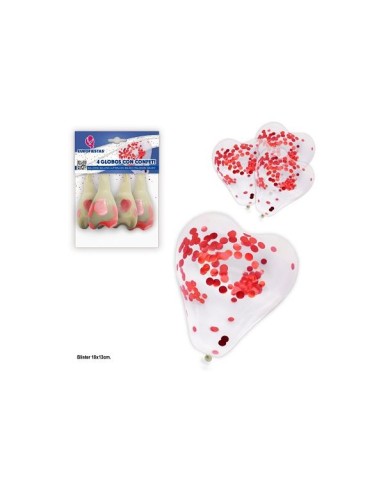 GLOBOS CORAZON *4 CON CONFETI MET.ROJO PQ.24 C/288