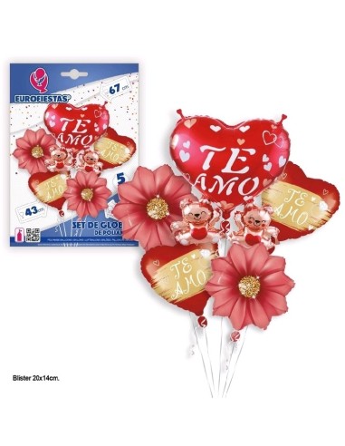 SET GLOBOS CORAZONES TE AMO CON FLORES PQ.12C/120U