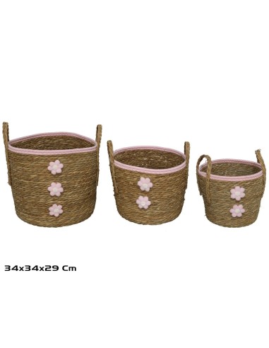 CESTA C/ASAS X3 FLOR ROSA 34X34X29CM