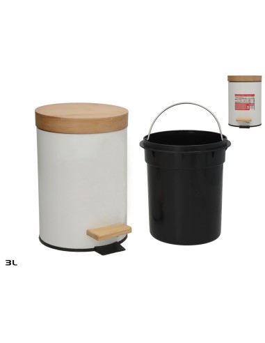 PAPELERA C/TAPA BAMBU ZION 3L BLANCO