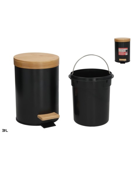 PAPELERA C/TAPA BAMBU ZION 3L NEGRO